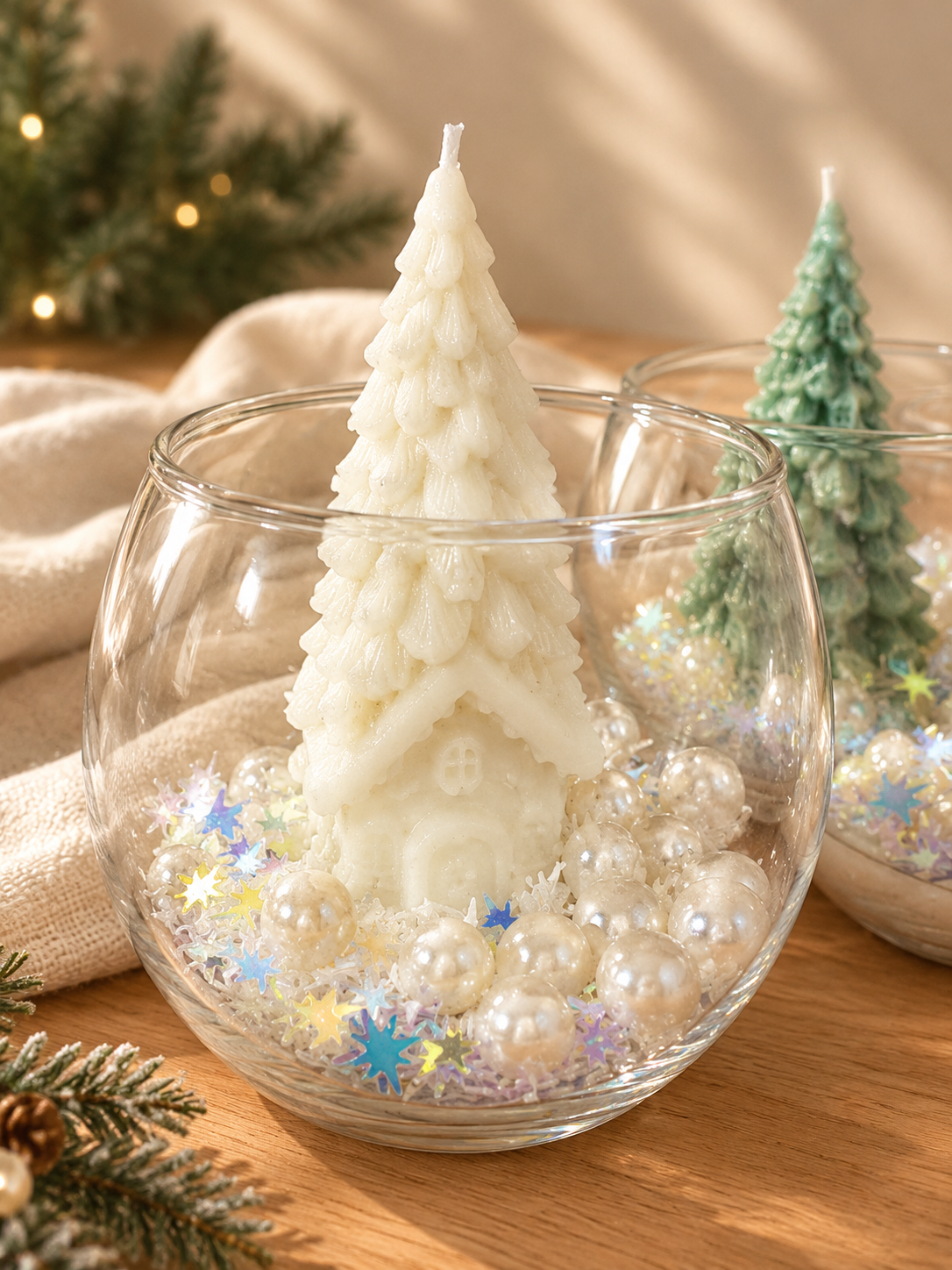 White Christmas tree cottage candle in a round glass bowl with pearls and star confetti