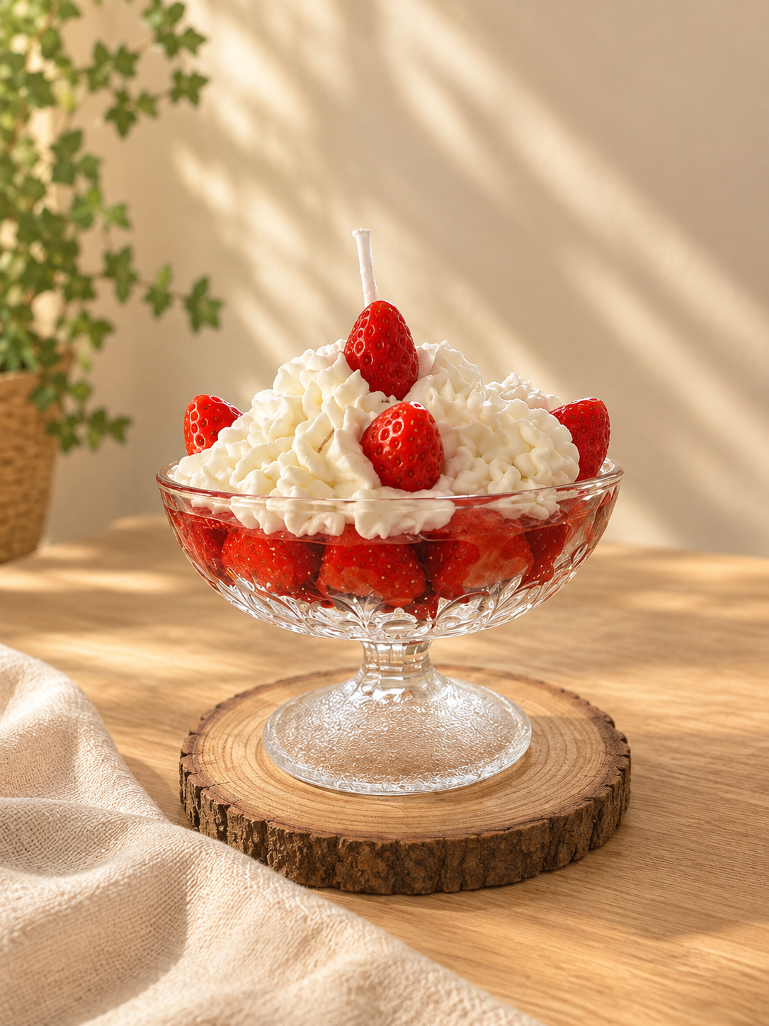 Footed glass bowl candle with red strawberry-shaped pieces and whipped cream-style white wax