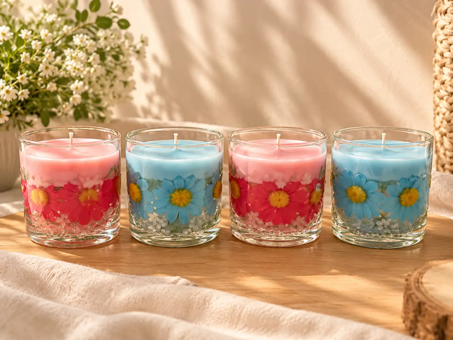 Four glass tumbler candles in pink and blue wax with daisies set in the glass