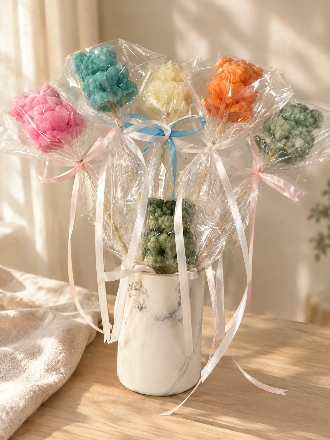 Bouquet of colourful bear-shaped candles on sticks, wrapped in cellophane with ribbons, in a marble vase