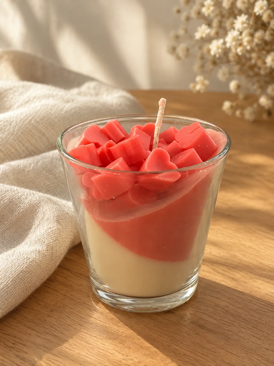 Glass candle with cream and coral wax topped with small wax hearts