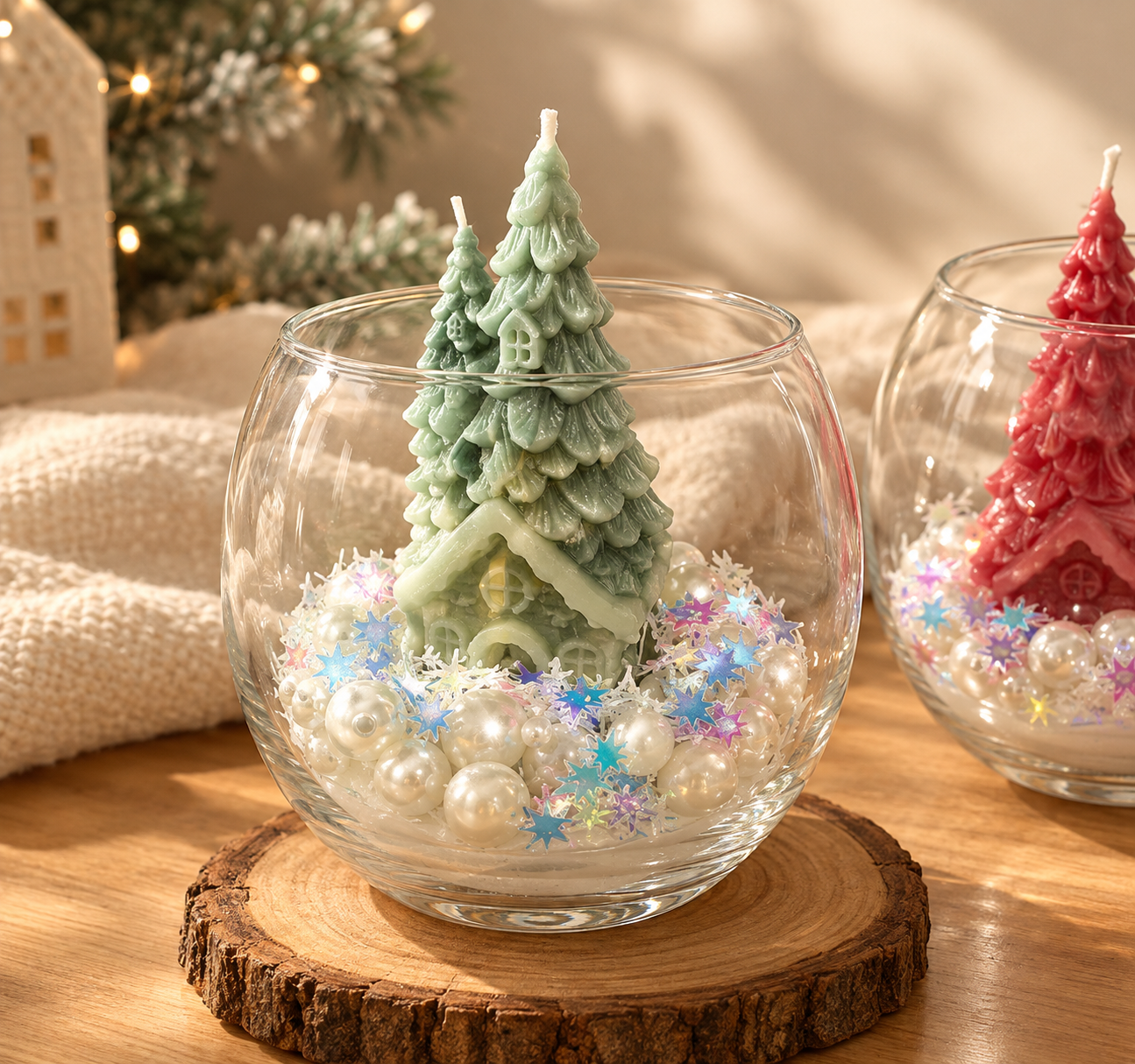 Green twin Christmas tree cottage candle in a glass bowl with pearls and stars on a wood slice