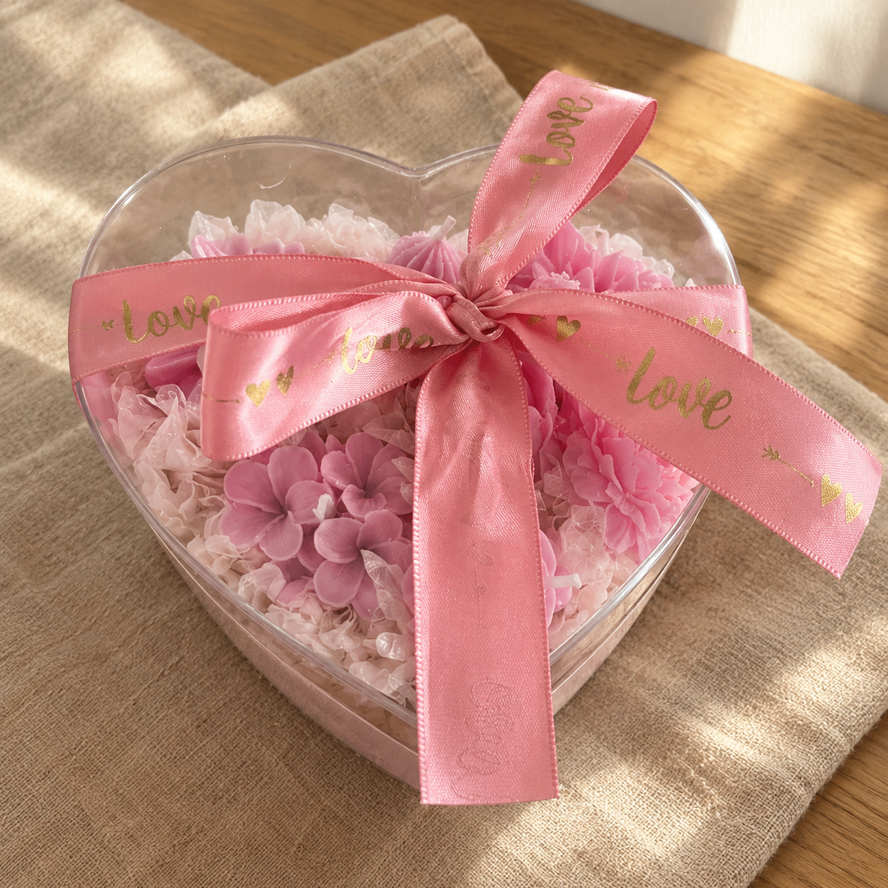 Clear heart-shaped box of pink wax flowers tied with a pink 'love' ribbon