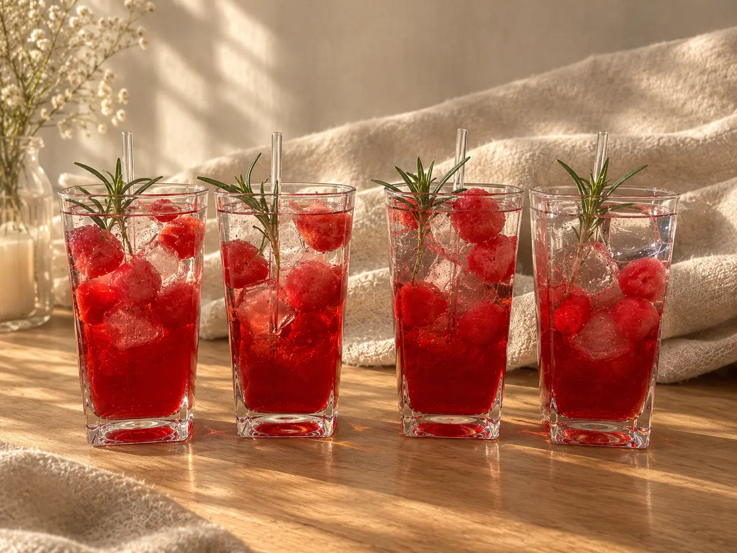 Four tall glass candles of red gel wax with berries, ice-like pieces, rosemary and straws