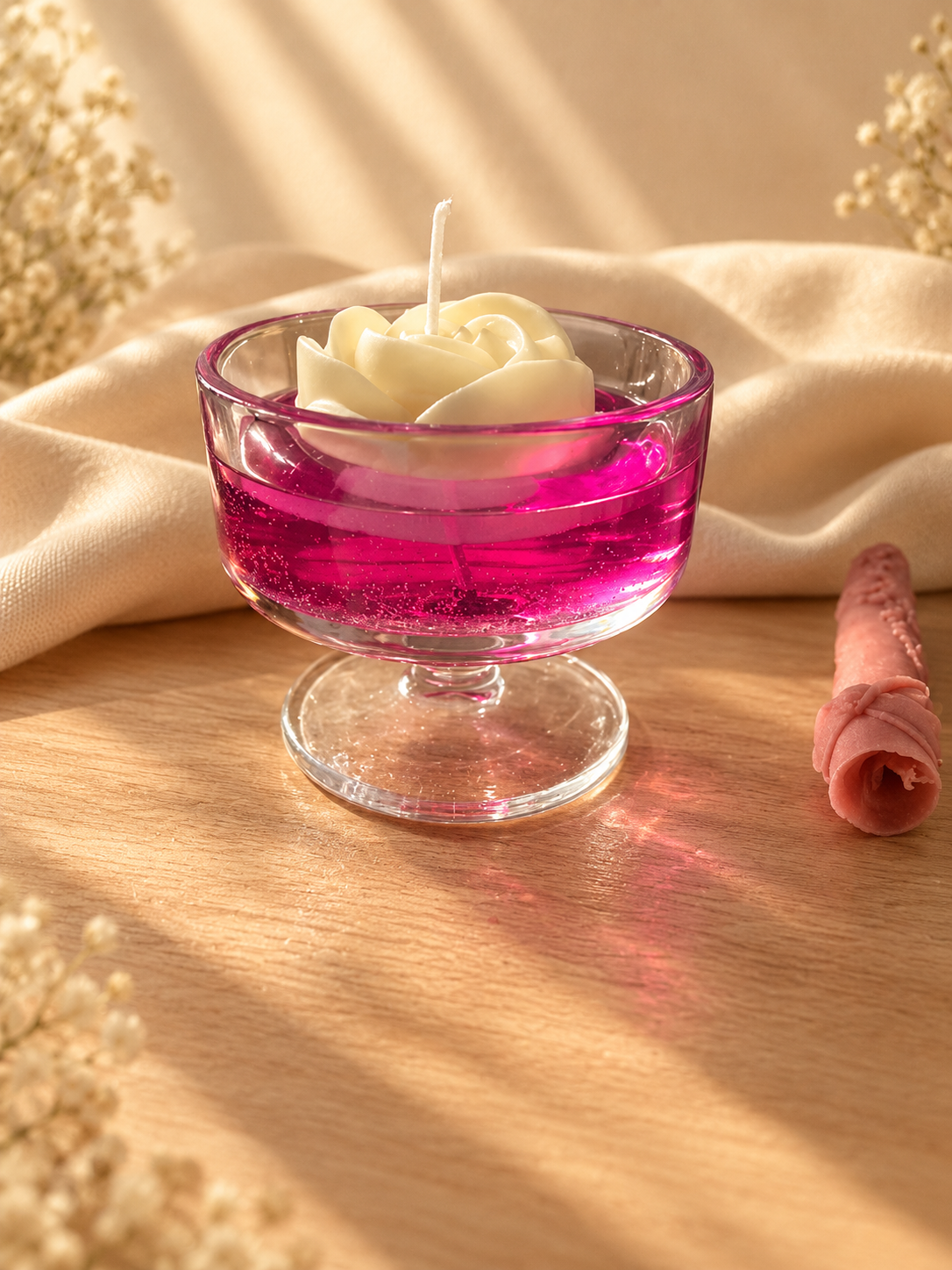 Footed glass candle with bright pink translucent wax and an ivory wax rose on top