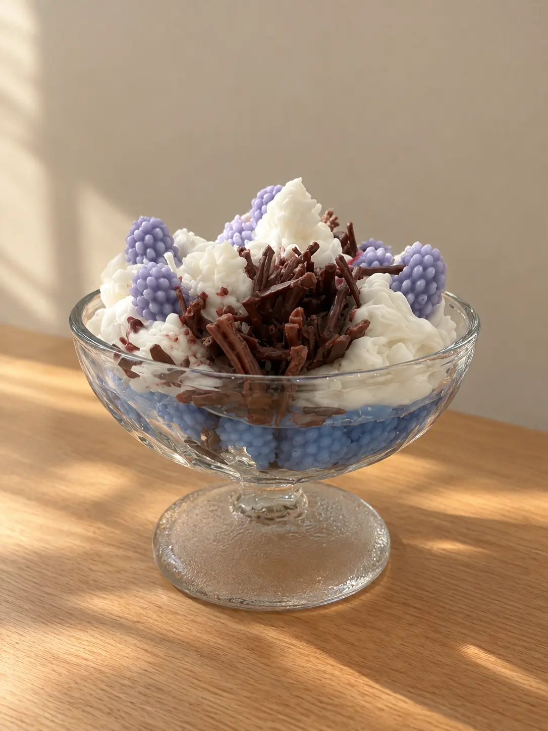Footed glass bowl candle of whipped white wax with lavender berries and chocolate-style curls