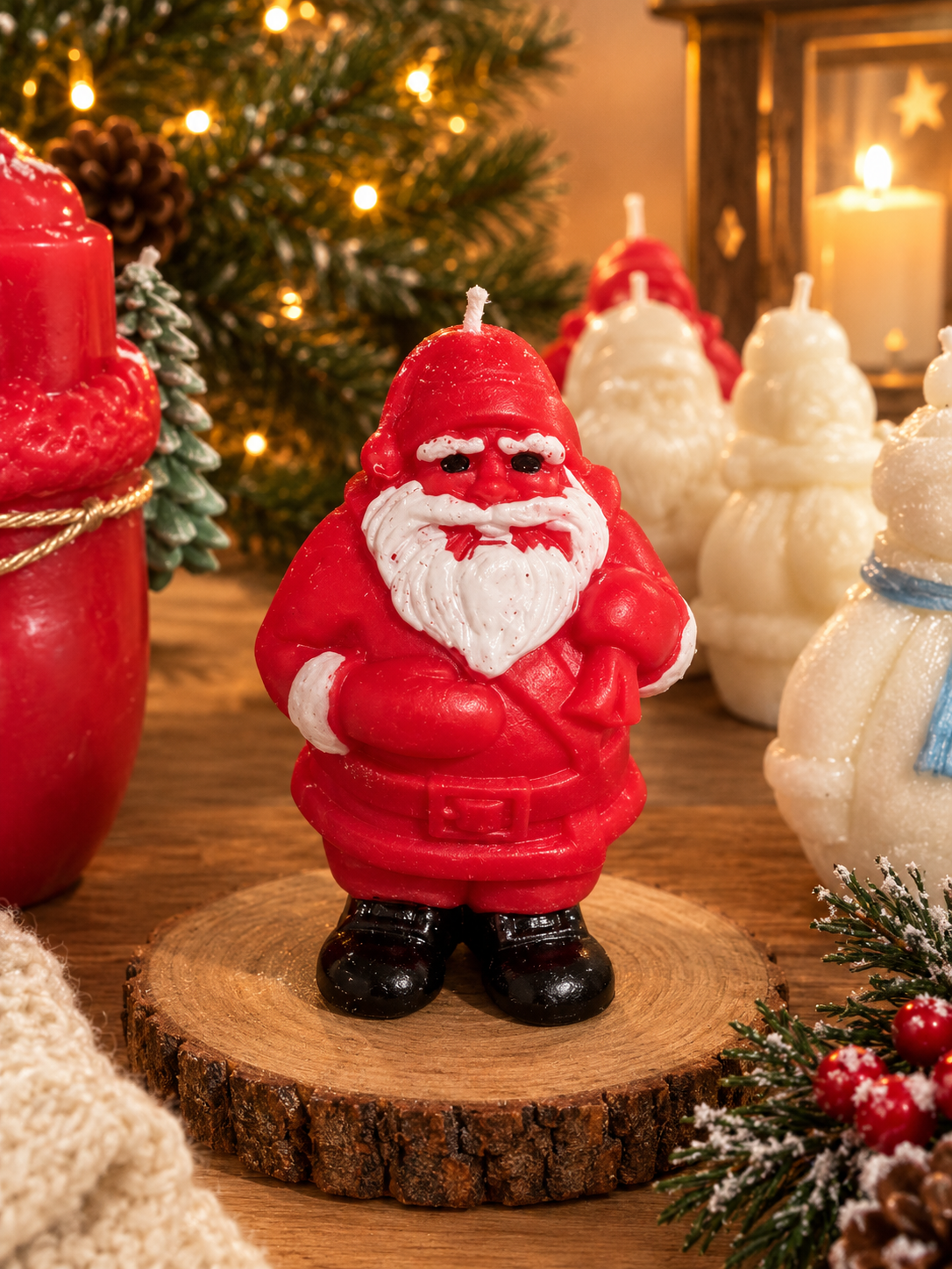 Red and white Santa-shaped candle standing on a wooden slice with Christmas lights behind
