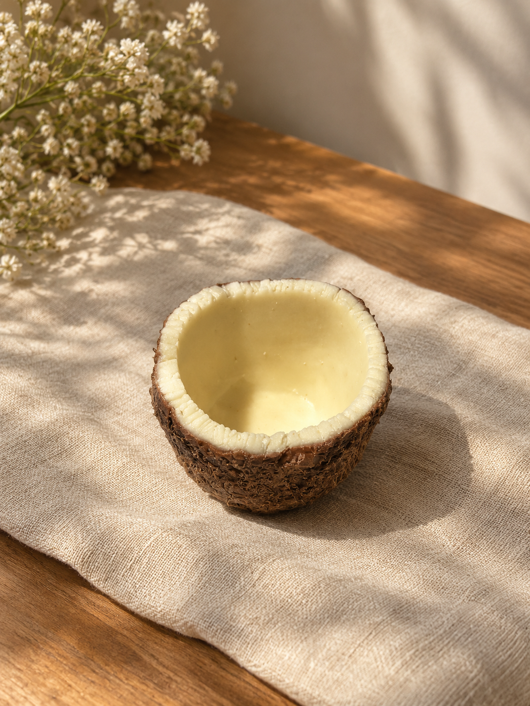 Cream candle set in a coconut shell on linen