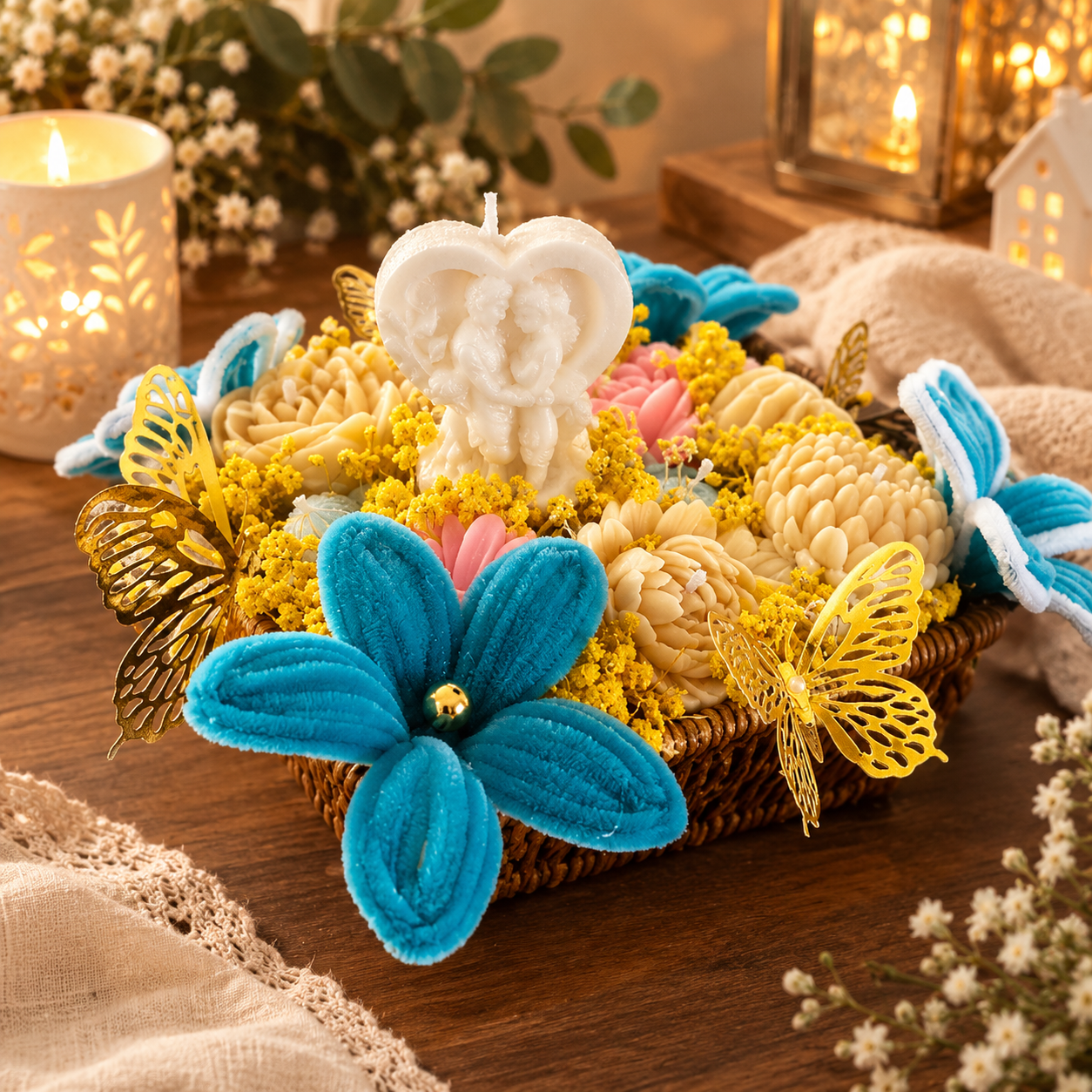 Wicker basket of cream and pink wax flowers with a white cherub heart candle, gold butterflies and blue flowers