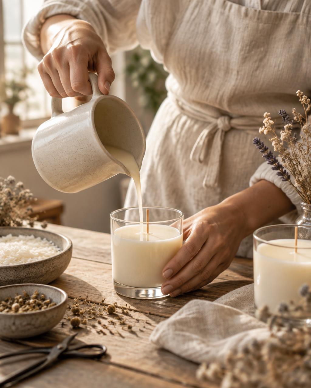 Hands pouring warm wax into a glass beside dried flowers